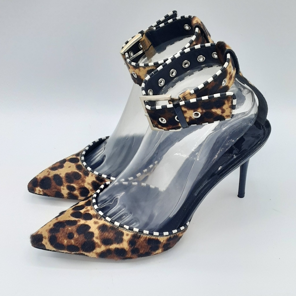 B Brian Atwood leopard print ponyhair ankle strap pumps heels. Sz 9.5.